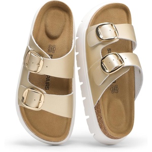 image:imageDREAM PAIRS Womens Platform Sandals Wedge Chunky Heel Slipon Comfort Slides with Arch Support Cork Footbed Adjustable Buckle Summer Slide SandalsGold