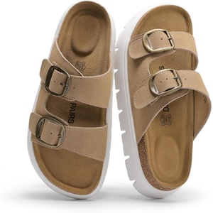 image:imageDREAM PAIRS Womens Platform Sandals Wedge Chunky Heel Slipon Comfort Slides with Arch Support Cork Footbed Adjustable Buckle Summer Slide SandalsTaupe