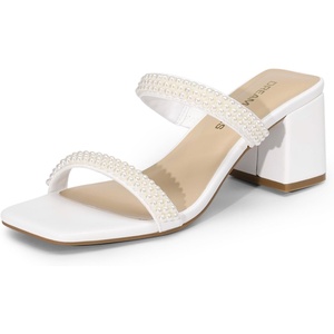 image:imageDREAM PAIRS Sandal Heels for Women Low Square Open Toe Block Chunky Heels Slip On Slides Mules for Party Homecoming DailyPure White