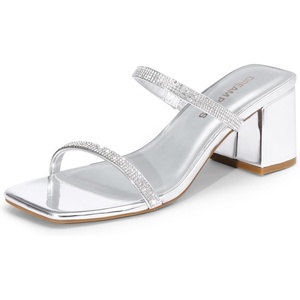 image:imageDREAM PAIRS Sandal Heels for Women Low Square Open Toe Block Chunky Heels Slip On Slides Mules for Party Homecoming DailyShiny Silver