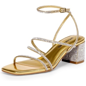 image:imageDREAM PAIRS Womens Block Heels 2 inch Strappy Square Toe Dressy Chunky Low Heeled Sandals for Party Wedding EveningGoldrhinestone