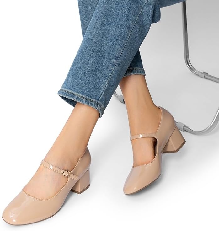 image:imageDREAM PAIRS Womens Mary Jane Shoes Chunky Block Short Heels 217 Closed Round Toe Vintage Wedding Shoes Comfort Dress Pump Shoes for Daily LifeNude