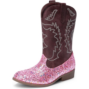 image:imageDREAM PAIRS Cowgirl Cowboy Western Boots Girls Mid Calf Riding Shoes Little KidBig KidPinkglitter