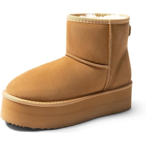 image:imageDREAM PAIRS Genuine Suede Classic Platform Boots for Women Water Resistant FuzzyClassic Ankle Winter Snow Low Boots with DIY Bows Faux Fur Lining Memory Foam AntiSlipChestnut