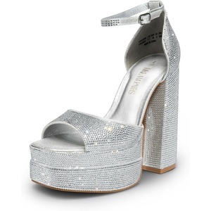 image:imageDREAM PAIRS High Heels Chunky Block Platform Heels for Women Ankle Strap Sexy Open Square Toe Heels Dressy Pumps SandalsSilverrhinestone