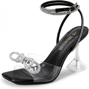image:imageDREAM PAIRS Stiletto Bow Heels for Women Strappy Sparkly Rhinestone Square Toe Clear Crystal High Sandals for Party WeddingBlackpu