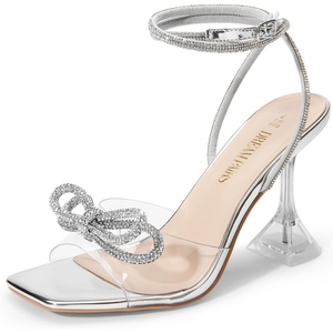image:imageDREAM PAIRS Stiletto Bow Heels for Women Strappy Sparkly Rhinestone Square Toe Clear Crystal High Sandals for Party WeddingSilverpu