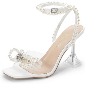 image:imageDREAM PAIRS Stiletto Bow Heels for Women Strappy Sparkly Rhinestone Square Toe Clear Crystal High Sandals for Party WeddingWhitepearl