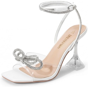 image:imageDREAM PAIRS Stiletto Bow Heels for Women Strappy Sparkly Rhinestone Square Toe Clear Crystal High Sandals for Party WeddingWhitepu