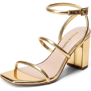 image:imageDREAM PAIRS Women Heels Chunky Square Open Toe Strappy Ankle Strap Block High Heeled Sandals for Dressy Wedding Comfortable ShoesGold