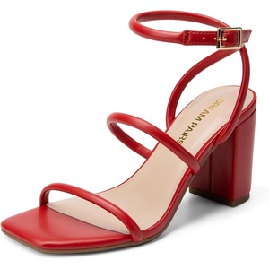 image:imageDREAM PAIRS Women Heels Chunky Square Open Toe Strappy Ankle Strap Block High Heeled Sandals for Dressy Wedding Comfortable ShoesRed