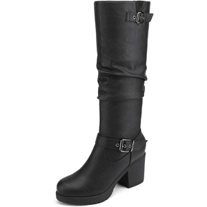 image:imageDREAM PAIRS Womens Chunky Heel Knee High Boots Side Zipper Round Toe Boots with Faux Fur LiningBlack