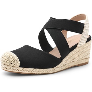 image:imageDREAM PAIRS Womens Close Toe Espadrilles Platform Slip on Elastic Criss Cross Straps Dressy Wedges SandalsBlackBeige