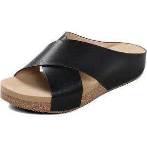 image:imageDREAM PAIRS Womens Cork Slide Sandals Slip On Open Toe Cute Platform Cross Flat Sandals For SummerBlackPu