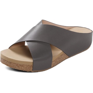 image:imageDREAM PAIRS Womens Cork Slide Sandals Slip On Open Toe Cute Platform Cross Flat Sandals For SummerBrownPu