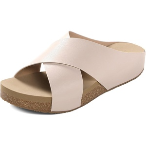 image:imageDREAM PAIRS Womens Cork Slide Sandals Slip On Open Toe Cute Platform Cross Flat Sandals For SummerPinkPu