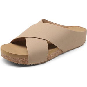 image:imageDREAM PAIRS Womens Cork Slide Sandals Slip On Open Toe Cute Platform Cross Flat Sandals For SummerTaupenubuck