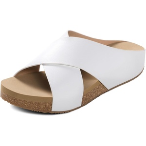 image:imageDREAM PAIRS Womens Cork Slide Sandals Slip On Open Toe Cute Platform Cross Flat Sandals For SummerWhitePu