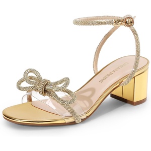 image:imageDREAM PAIRS Womens Double Bowknots Crystal Sandals Low Chunky Heels Clear Slingback Dress Shoes for Wedding Bridal PartyGold