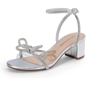 image:imageDREAM PAIRS Womens Double Bowknots Crystal Sandals Low Chunky Heels Clear Slingback Dress Shoes for Wedding Bridal PartySilver