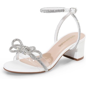 image:imageDREAM PAIRS Womens Double Bowknots Crystal Sandals Low Chunky Heels Clear Slingback Dress Shoes for Wedding Bridal PartyWhite