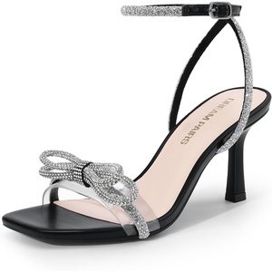 image:imageDREAM PAIRS Womens Dress Sandals for Party Wedding with Double Bowknots Heels Open Square Toe Ankle Strap Crystal Rhinestone ShoesBlackpu