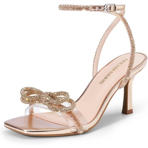 image:imageDREAM PAIRS Womens Dress Sandals for Party Wedding with Double Bowknots Heels Open Square Toe Ankle Strap Crystal Rhinestone ShoesChampagnepu
