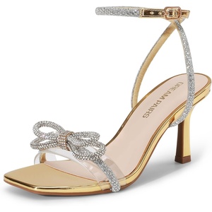 image:imageDREAM PAIRS Womens Dress Sandals for Party Wedding with Double Bowknots Heels Open Square Toe Ankle Strap Crystal Rhinestone ShoesGoldpat