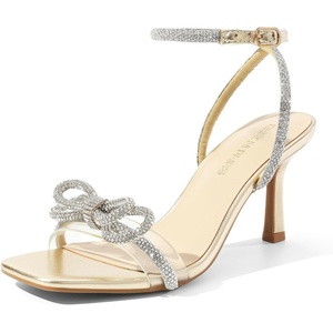 image:imageDREAM PAIRS Womens Dress Sandals for Party Wedding with Double Bowknots Heels Open Square Toe Ankle Strap Crystal Rhinestone ShoesLight Gold