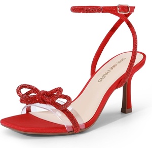 image:imageDREAM PAIRS Womens Dress Sandals for Party Wedding with Double Bowknots Heels Open Square Toe Ankle Strap Crystal Rhinestone ShoesRedsatin