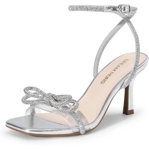 image:imageDREAM PAIRS Womens Dress Sandals for Party Wedding with Double Bowknots Heels Open Square Toe Ankle Strap Crystal Rhinestone ShoesSilverpu