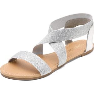 image:imageDREAM PAIRS Womens Elastic Ankle Strap Flat Sandals Summer Dressy Shoes Cute Strappy Gladiator SandalsSilverPu
