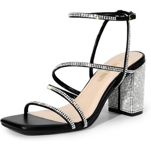 image:imageDREAM PAIRS Womens Heels Chunky Block Strappy Square Open Toe Ankle Buckle 315 Inch Heeled Sandals Wedding Party Dress Prom ShoesBlackrhinestone