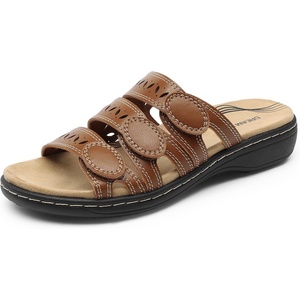 image:imageDREAM PAIRS Womens Slide Sandals Comfortable Arch Support Casual Walking Sandals Adjustable Straps Slip On Low Wedge Flat SandalsBrown