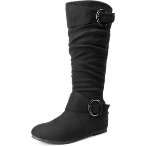 image:imageDREAM PAIRS Womens Wide Calf Knee High Boots FurLined Low Hidden Wedge BootsBlackSuede