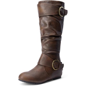 image:imageDREAM PAIRS Womens Wide Calf Knee High Boots FurLined Low Hidden Wedge BootsBrown