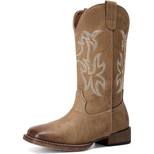 image:imageDREAM PAIRS Cowboy Cowgirl Boots for Women Wide Square Toe Western Mid Calf PullOn Embroidered Stitched Retro BootsTan