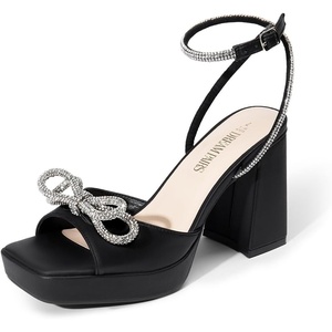 image:imageDREAM PAIRS Womens Double Bowknots Platform Chunky Heels Rhinestone High Square Toe Dress Sandals for Wedding Bridal PartyBlackpu