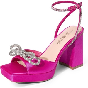 image:imageDREAM PAIRS Womens Double Bowknots Platform Chunky Heels Rhinestone High Square Toe Dress Sandals for Wedding Bridal PartyHot Pinksatin