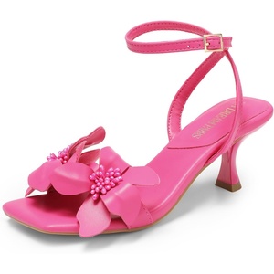 image:imageDREAM PAIRS Womens Flower Wedding Heels Cute Square Toe Slingback Low Kitten Heels Sandals with Ankle StrapHot Pinkpu