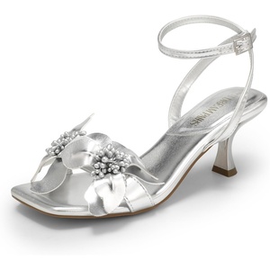 image:imageDREAM PAIRS Womens Flower Wedding Heels Cute Square Toe Slingback Low Kitten Heels Sandals with Ankle StrapSilverpu
