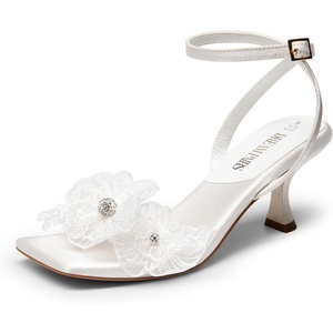 image:imageDREAM PAIRS Womens Flower Wedding Heels Cute Square Toe Slingback Low Kitten Heels Sandals with Ankle StrapWhitesatin
