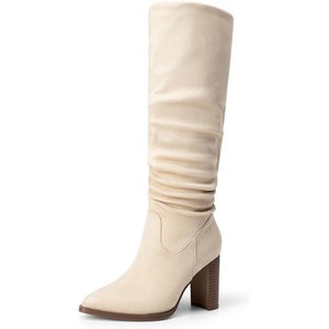 image:imageDREAM PAIRS Womens Knee High Boots Pointed Toe Chunky Block Heel Suede Boots Comfortable for Women with Side Zipper Fashion Slouchy Tall BootsBeige