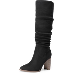 image:imageDREAM PAIRS Womens Knee High Boots Pointed Toe Chunky Block Heel Suede Boots Comfortable for Women with Side Zipper Fashion Slouchy Tall BootsBlack