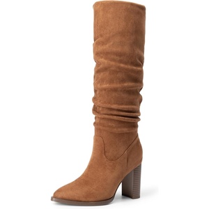 image:imageDREAM PAIRS Womens Knee High Boots Pointed Toe Chunky Block Heel Suede Boots Comfortable for Women with Side Zipper Fashion Slouchy Tall BootsCamel