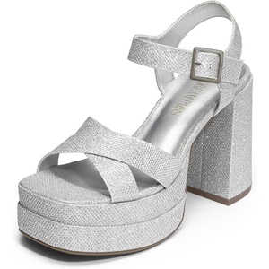 image:imageDREAM PAIRS Womens Platform Chunky Heels Square Open Toe Ankle Strap High Heeled Sandals Y2K Shoes for Party BrunchSilverglitter