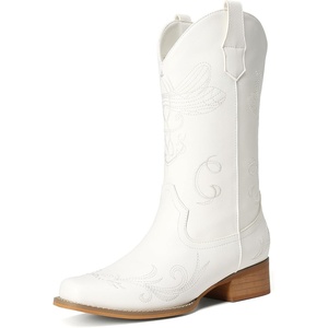 image:imageDREAM PAIRS Womens Square Toe Cowboy Cowgirl Boots Pull On Low Chunky Heel Mid Calf Western Boots with Embroidered Stitched for Theme Party Country ConcertAll White
