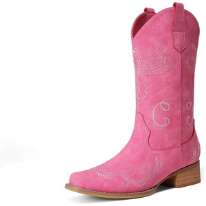image:imageDREAM PAIRS Womens Square Toe Cowboy Cowgirl Boots Pull On Low Chunky Heel Mid Calf Western Boots with Embroidered Stitched for Theme Party Country ConcertHot Pink