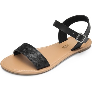 image:imageDREAM PAIRS Womens Ankle Strap Flat Sandals Open Toes One Band Buckle Summer Dressy SandalsBlackGlitter