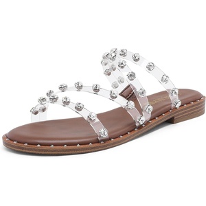 image:imageDREAM PAIRS Womens Clear Studded Rhinestone Slide Sandals Slip on Open Toe Cute Flat Sandals for SummerClearRhinestone